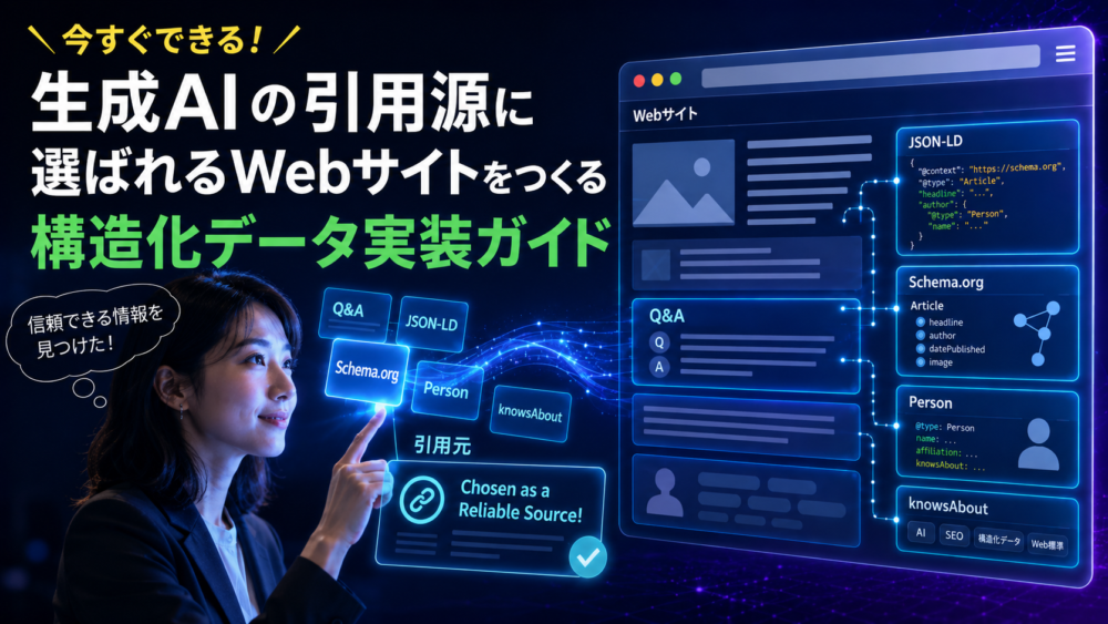 生成AIに引用されるWebサイト作りをテーマにした実写風アイキャッチ画像。青と紫の近未来的な背景の中で、女性ビジネスパーソンがSchema.orgやJSON-LDなどの構造化データを示すデジタルUIを操作し、『今すぐできる!生成AIの引用源に選ばれるWebサイトをつくる構造化データ実装ガイド』というタイトルが大きく表示されている。