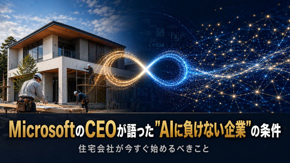 MicrosoftのCEO・Satya Nadellaの投稿を引用し、住宅会社がAI時代に自社の知識を学習ループとして構築すべき理由を解説するブログ記事のアイキャッチ画像