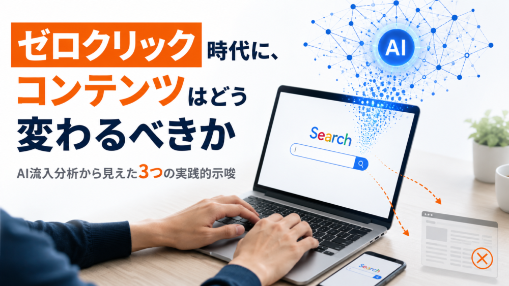 ゼロクリック時代のコンテンツ戦略を解説する記事のアイキャッチ画像。検索バーがAIのネットワークに変化していく様子を表現