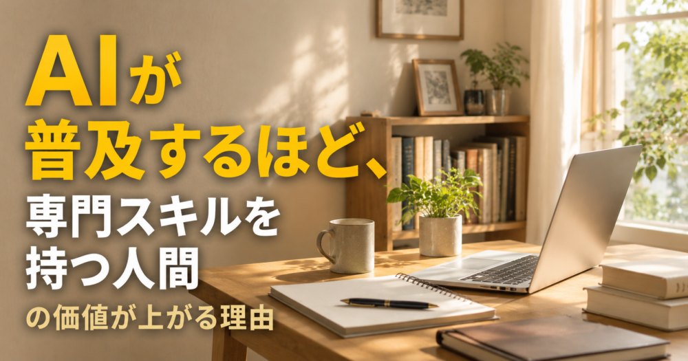 窓から自然光が差し込むフリーランスライターの明るいホームオフィス。木製デスクにノートパソコンとノート、観葉植物が置かれている。