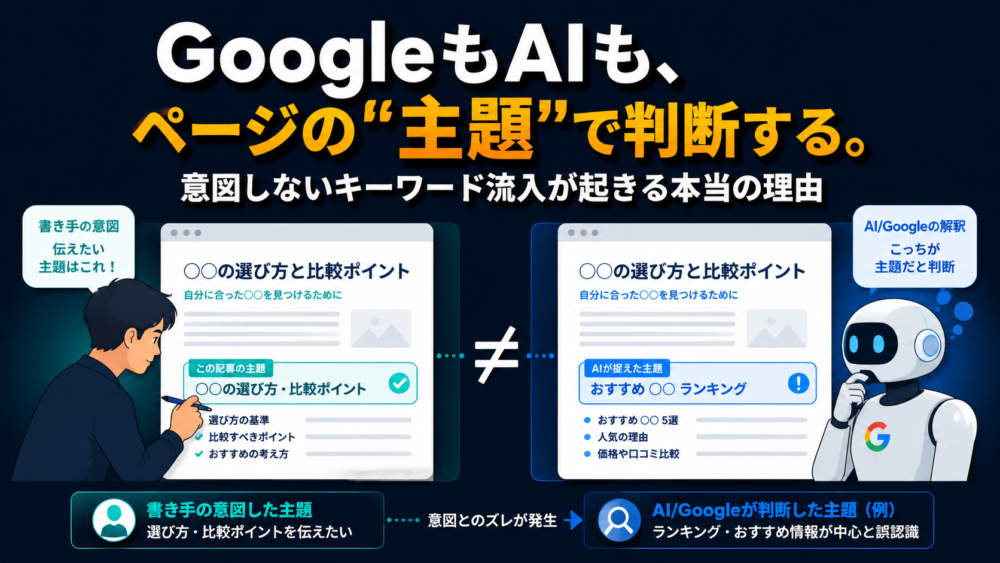 書き手の意図した主題とAI・Googleが判断した主題のズレを図解したアイキャッチ画像。左側に人間が意図した主題、右側にAIが誤認識した主題を並べて「≠」で対比している。