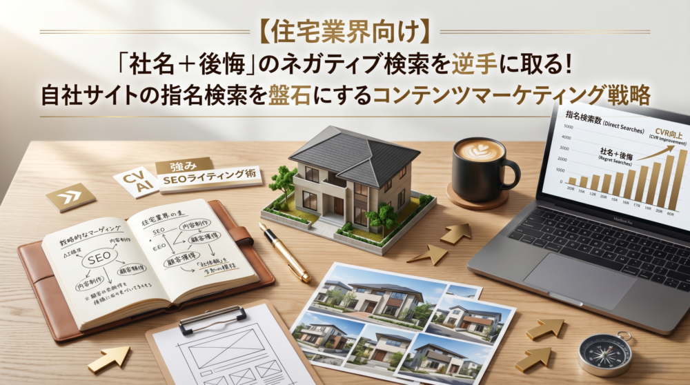 木製のデスク上に、住宅模型、右肩上がりのグラフが表示されたノートパソコン、SEO戦略を図解したノート、住宅の写真などが並べられたデスク