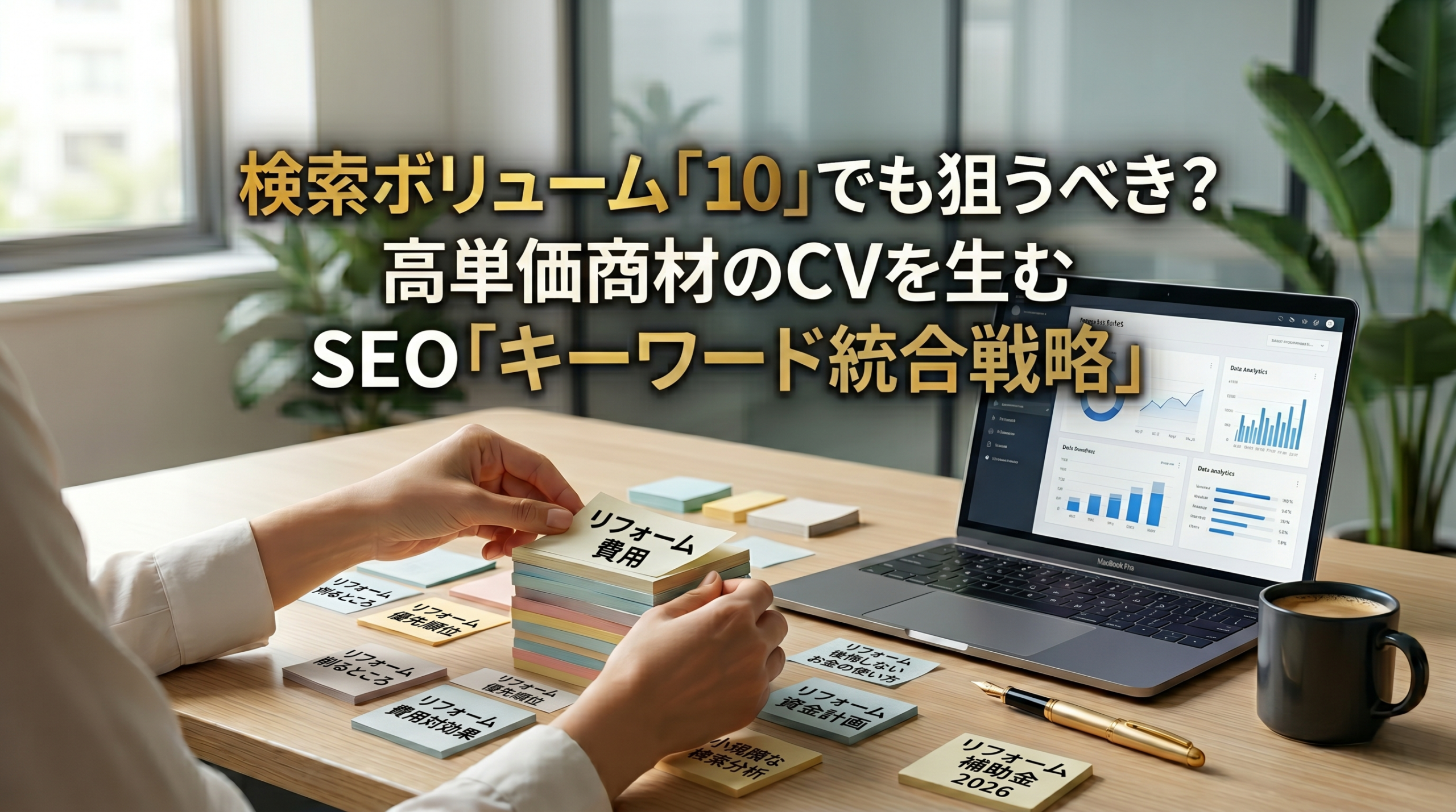 オフィスデスクの上で、パソコンのデータ画面を背景に、「リフォーム 費用」「リフォーム 補助金 2026」などと書かれた複数の付箋を手元で一つにまとめ上げている様子の画像