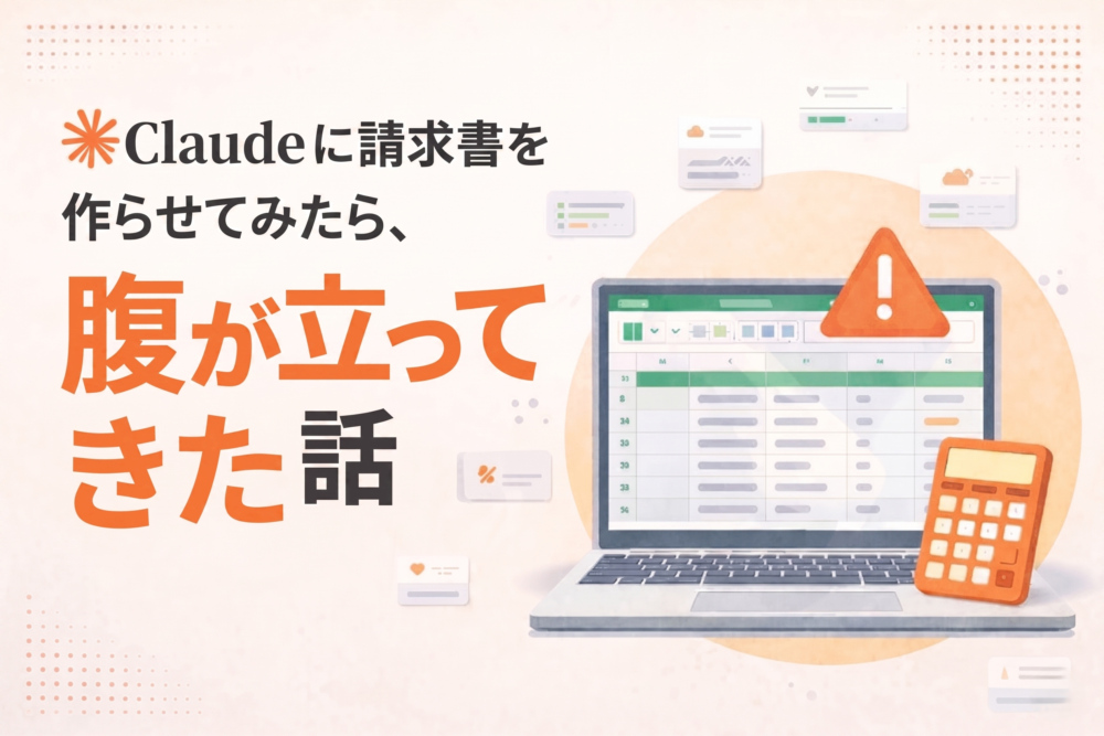Claudeに請求書を作らせてみたら腹が立ってきた話。ノートPCのExcel画面と電卓のフラットイラストが描かれたアイキャッチ画像。