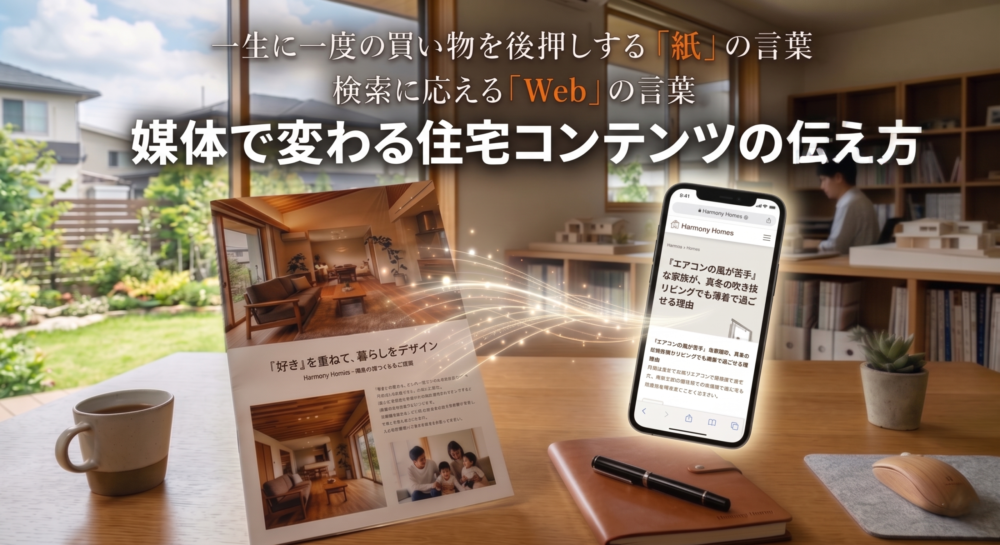 住宅会社のオフィスデスクに置かれたパンフレットとスマートフォン